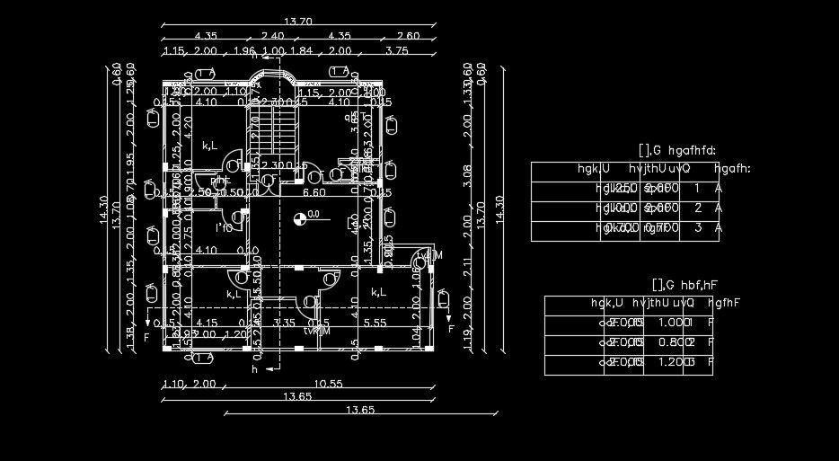 The column location detail of the 14x14m house plan drawing