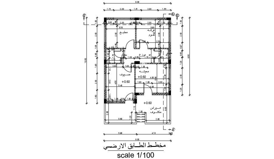 The column location of the 10x8m single story house plan AutoCAD drawing