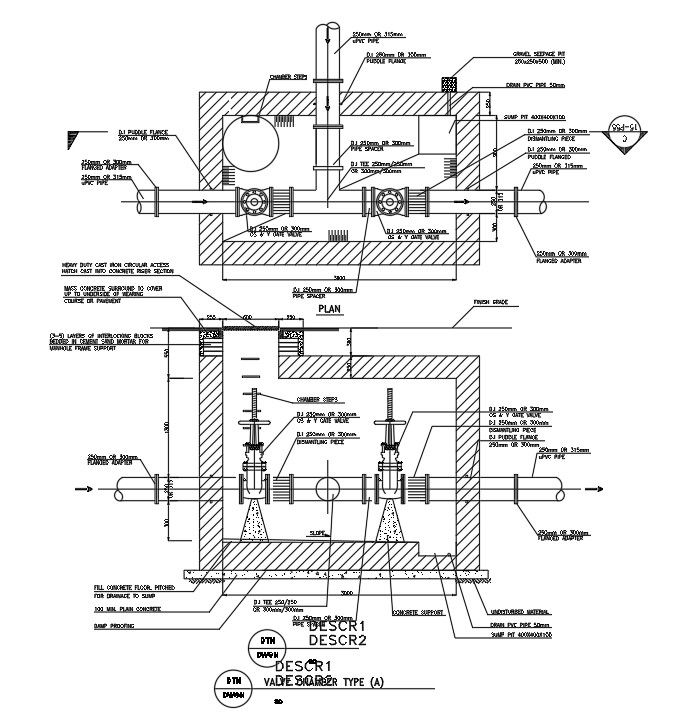 The construction detail of the wash valve chamber type A is given in this AutoCAD model. Download now.
