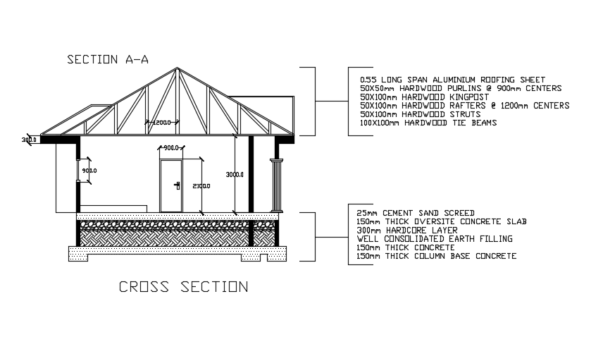 The cross section view of the 13x8m 3bhk single story bungalow