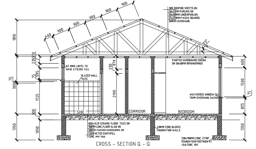 The cross section view of the 15x14m residential building AutoCAD drawing