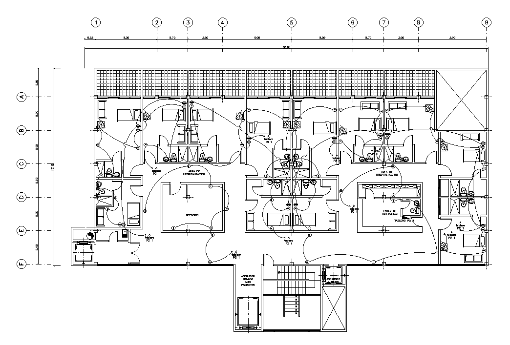 The current socket of the 35x18m hospital second floor plan is given in this AutoCAD drawing model. Download now.