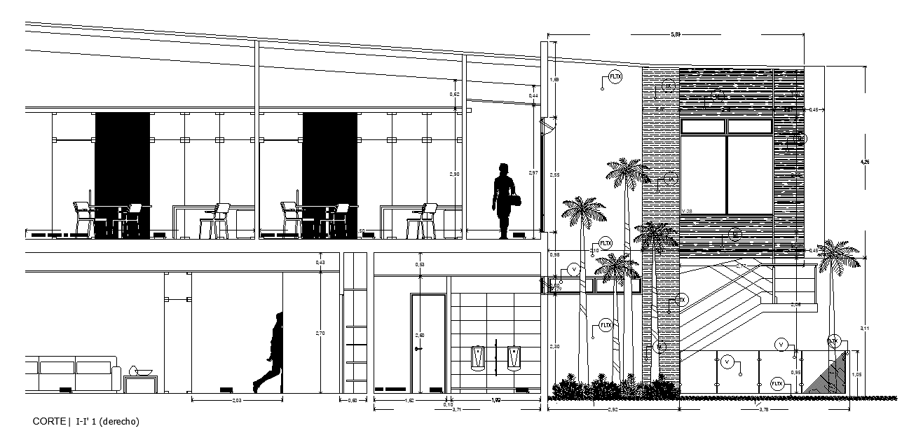 The cut section CC view of the 51x53m training center institute building drawing