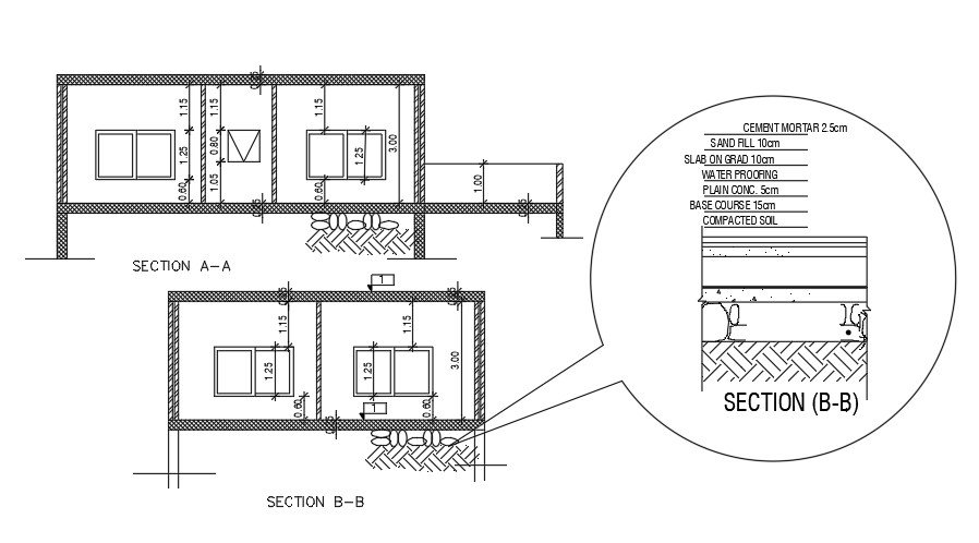 The cut section view of the 10x8m single story house building drawing