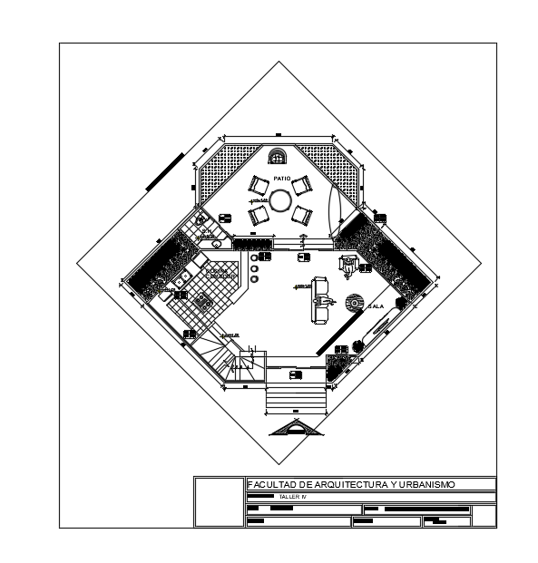 The diagonal shape double story guest house plan