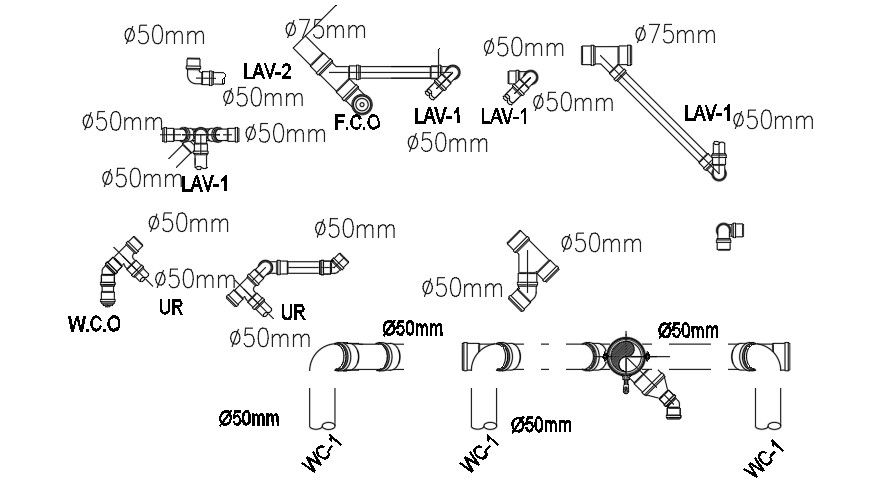 The different diameter of the sanitary pipe line drawing