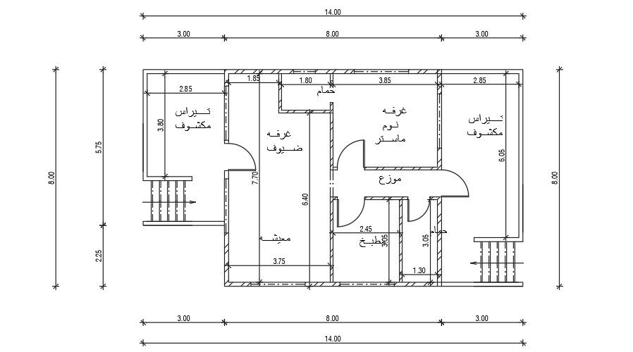 The dimension detail of the 14x8m 1bhk house plan drawing