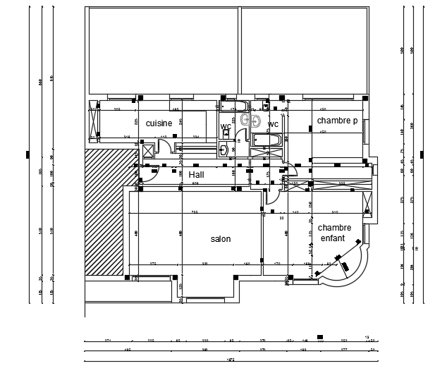 The dimension detail of the 17x17m 2bhk home plan AutoCAD drawing