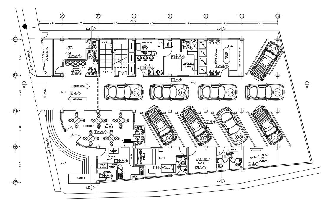 The dimension detail of the 30x17m ground floor hotel plan is given in this AutoCAD model. Download now.