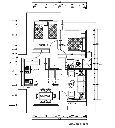 The dimension detail of the 6x8m architecture 2bhk house plan 2d AutoCAD model