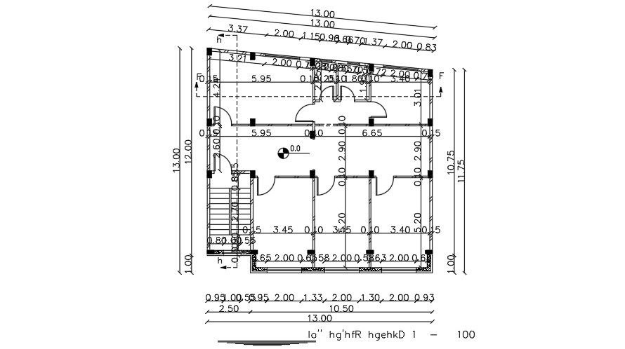 The dimension drawing of the 13x13m house plan