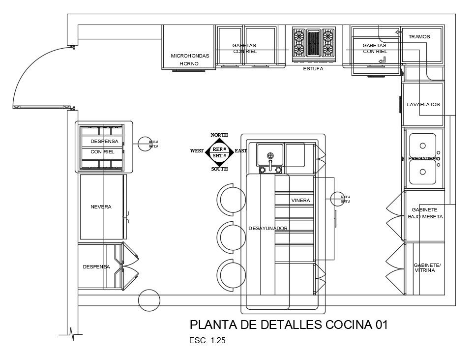 The direction detail of 5.4x4m kitchen plan is given in this AutoCAD drawing model.