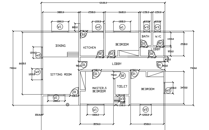 The door, window, and ventilation location of the 13x8m home design cad drawing