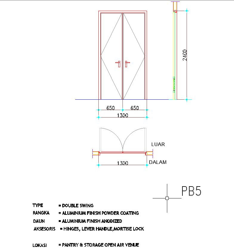 The double swing door section and elevation design is given in the AutoCAD drawing, CAD file, dwg file