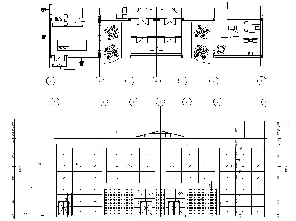 The drawing AutoCAD file shows the details of the front elevation and sectional drawing of the Restaurant building.Download the AutoCAD DWG file.