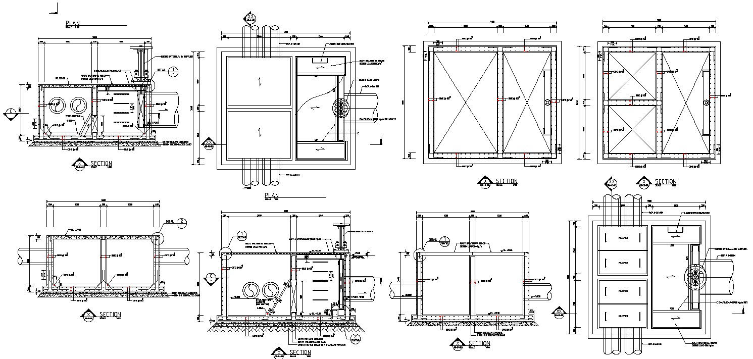 The drawing CAD 2D file shows the details of the trash trap.Download the AutoCAD DWG file.