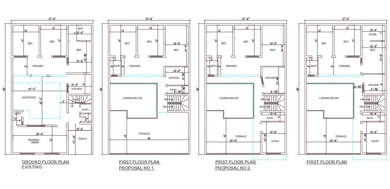 The drawing file shows 4 types of 37'6" X60' triple BHK House plan AutoCAD DWG files.Download the AutoCAD Drawing file.