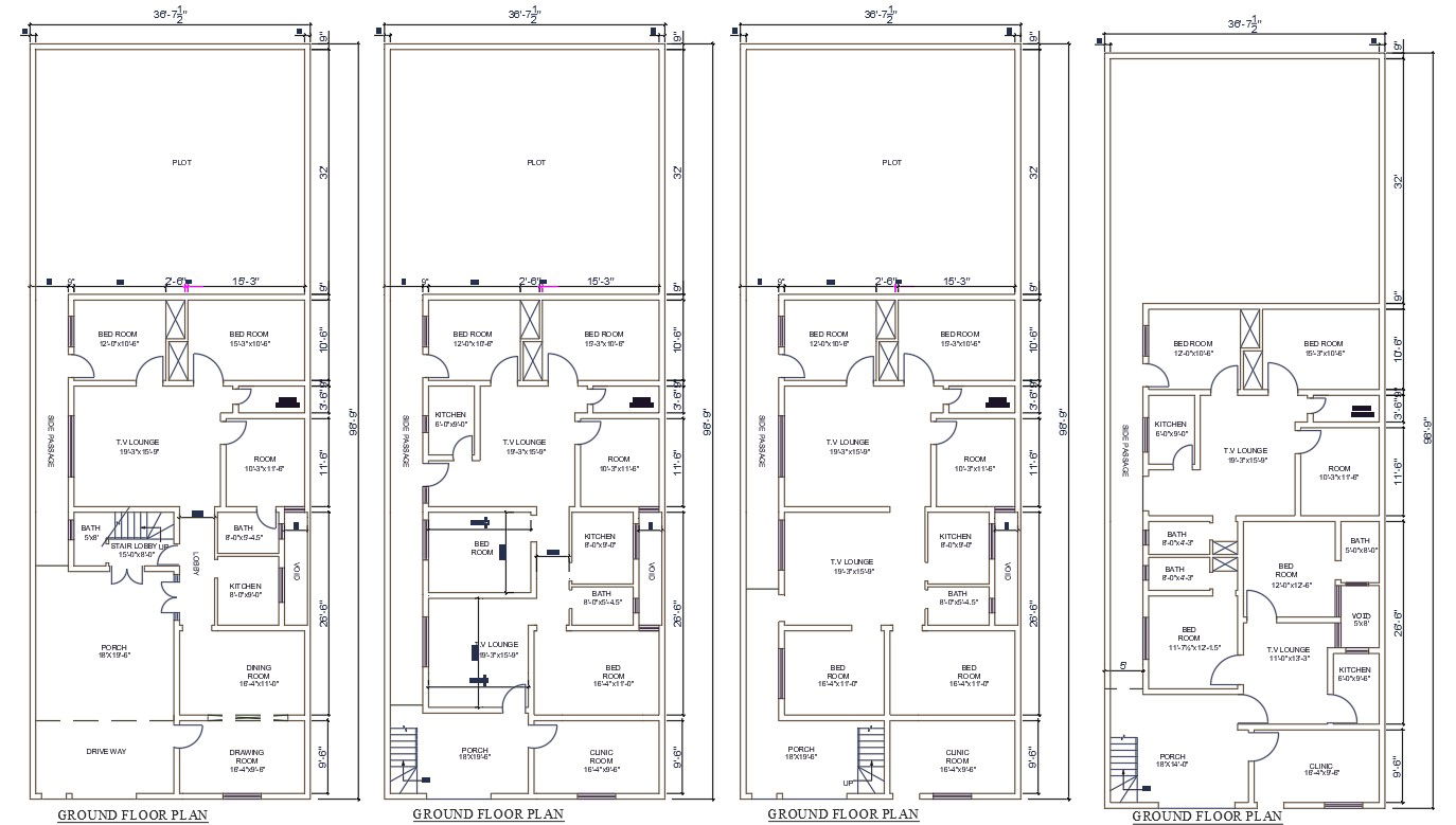 The drawing file shows four types of 37' X 99' 3 BHK House plan AutoCAD DWG files.Download the AutoCAD Drawing file.