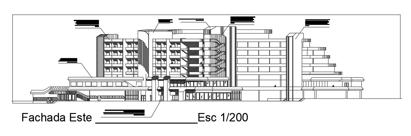 The east side elevation view of the 126’x89’ hotel building is given in this AutoCAD drawing model. Download now.