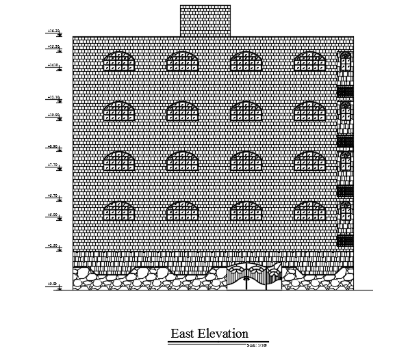 The east side elevation view of the 14x18m architecture apartment building cad drawing