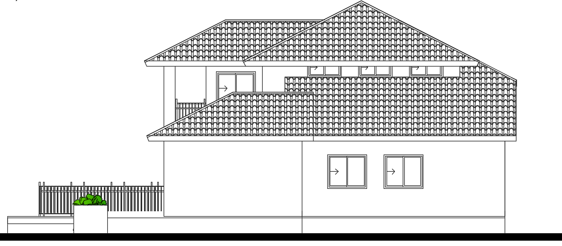 The east side elevation view of the 15x13m house building AutoCAD drawing