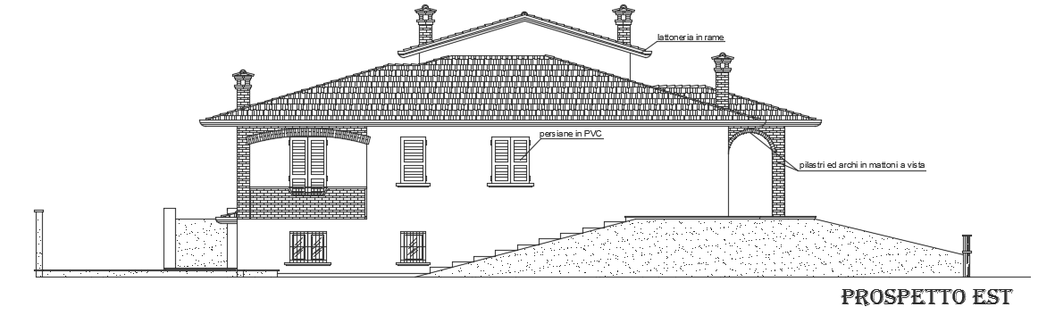 The east side elevation view of the 16x15m double story house building AutoCAD 2d dwg drawing file