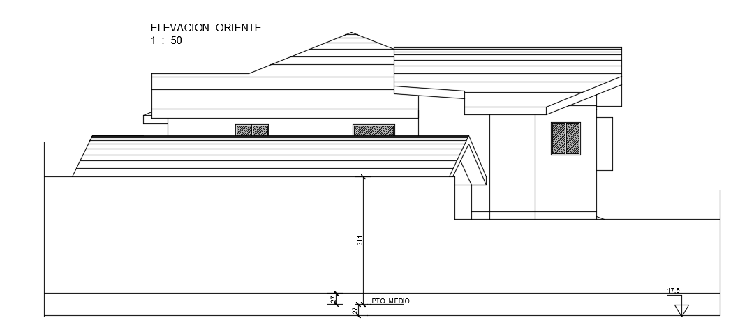 The east side elevation view of the 16x46m villa building AutoCAD drawing