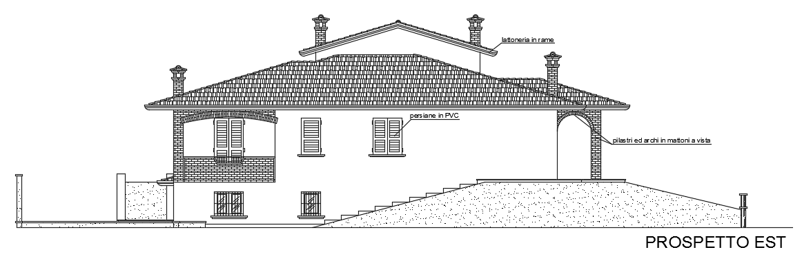 The east side elevation view of the17x15m duplex house building