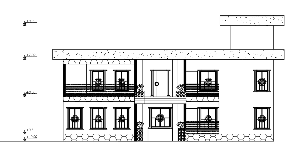 The east side elevation view of the 18x18m architecture two story house building