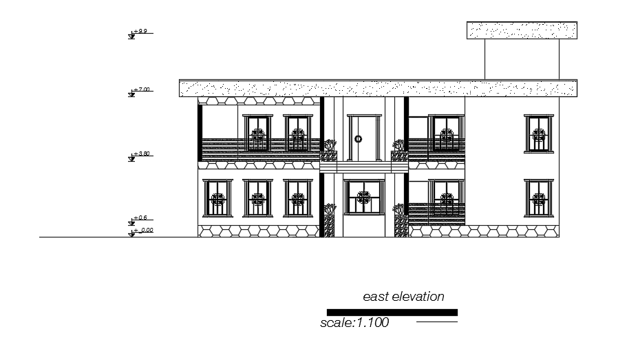 The east side elevation view of the 18x19m architecture 5bhk duplex house building