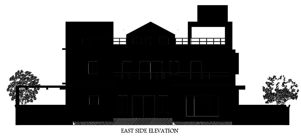 The east side elevation view of the 19x15m house building