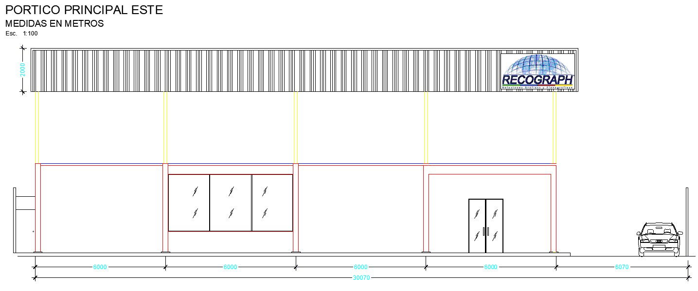 The east side elevation view of the 45x24m ware house & office building