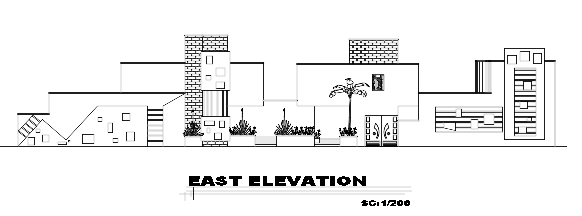 East Side Elevation of 74x55m Multifamily Villa Building CAD Drawing