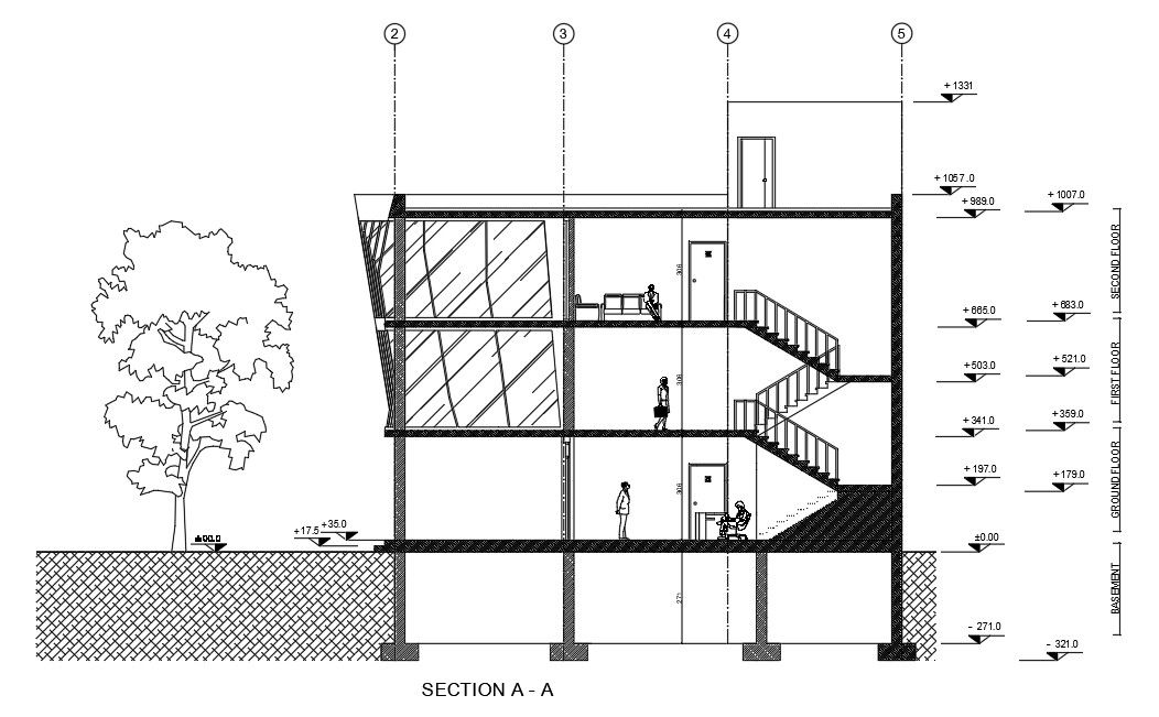 The east side section view of the 25x20m commercial shop building is given in this AutoCAD drawing model. Download now.