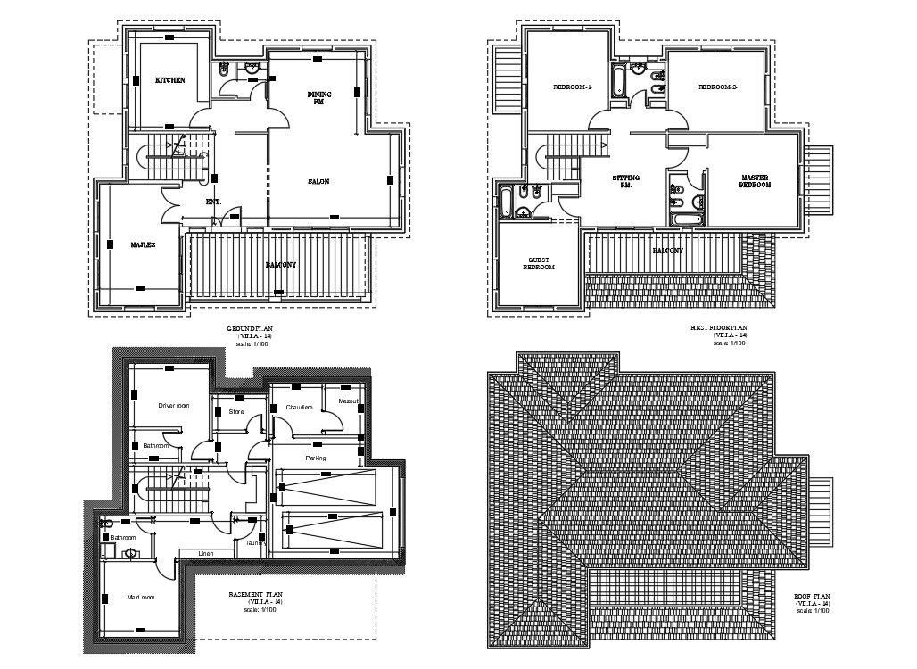 The file has the 2D Autocad model of Basement Plan, Ground floor plan, first floor plan and roof of villa. Download the Autocad 2D DWG file.