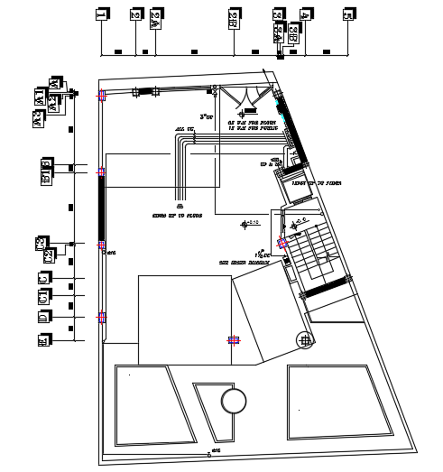 The firefighting, hot & cold water piping layout of the 14x14m architecture apartment ground floor plan cad drawing
