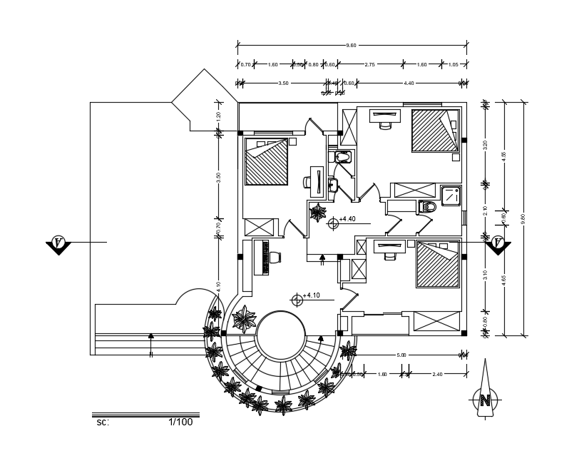 The first floor of this 16x11m duplex features three spacious bedrooms