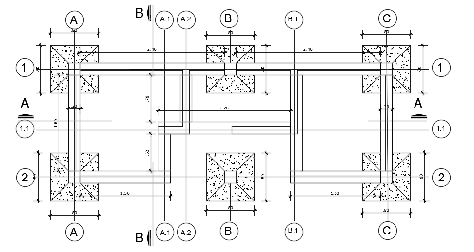 The foundation and column layout of the 5400x2000mm toilet plan
