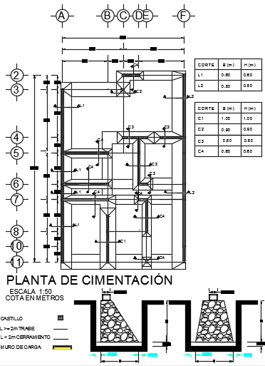 The foundation and column layout of the 7x12m two story house plan