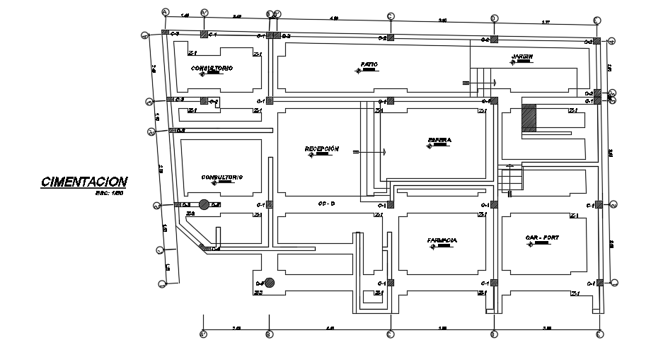 The foundation cum column layout of the 16x10m clinic cum house plan