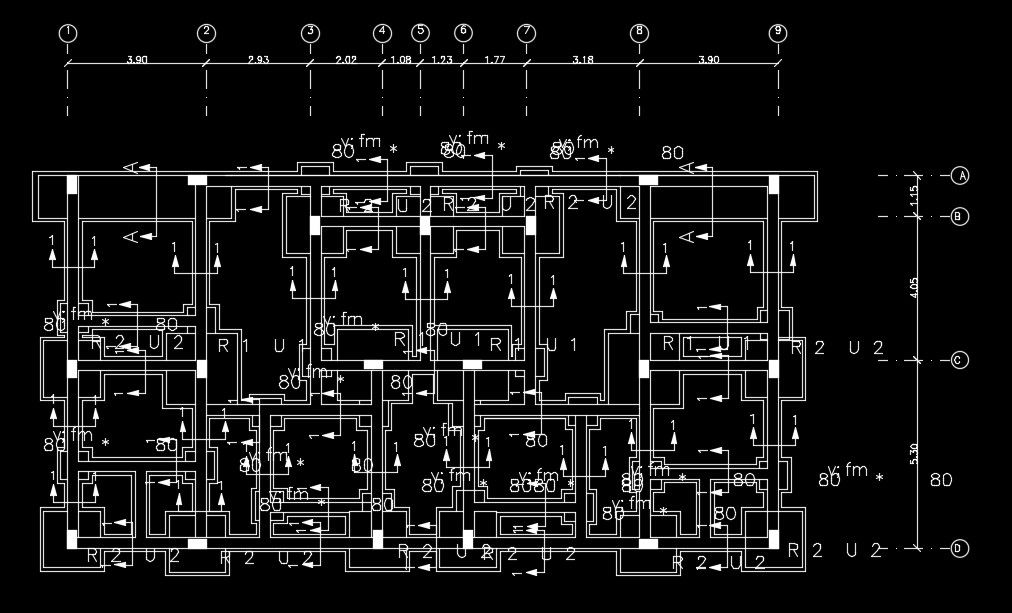 The foundation layout of the 20x10m residential house plan AutoCAD drawing
