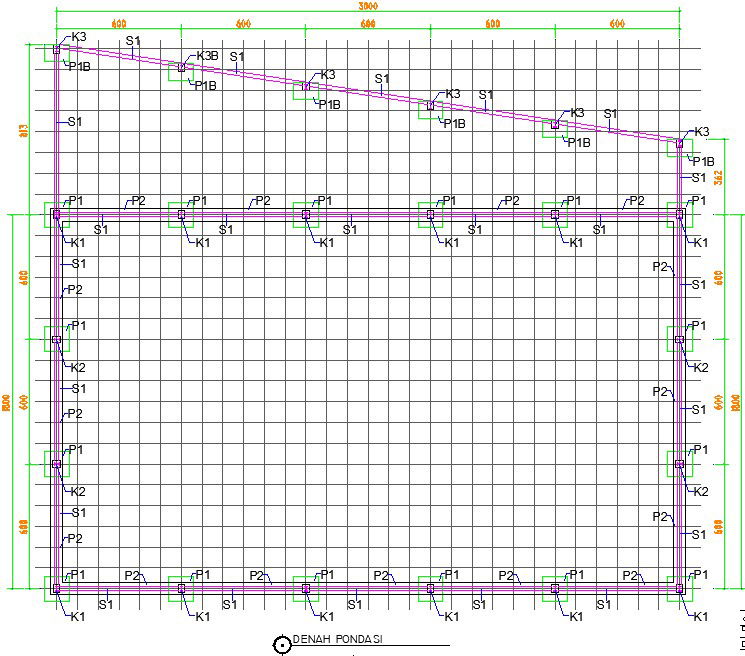 The foundation layout of the 33x30m warehouse plan