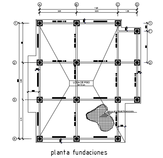 The foundation layout of the 8x9m single story house plan