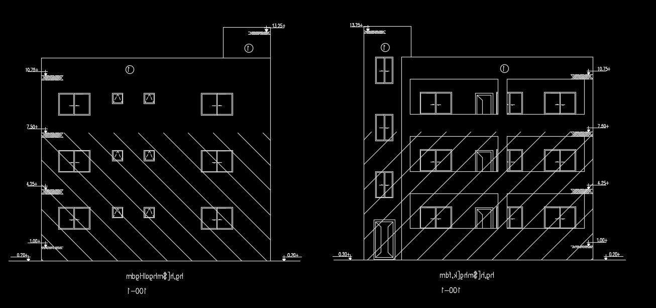 The front and back side elevation view of the 13x12m house building