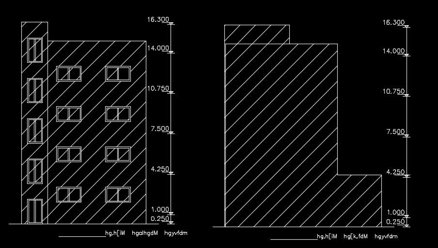 The front and left side elevation view of the 10x13m house building