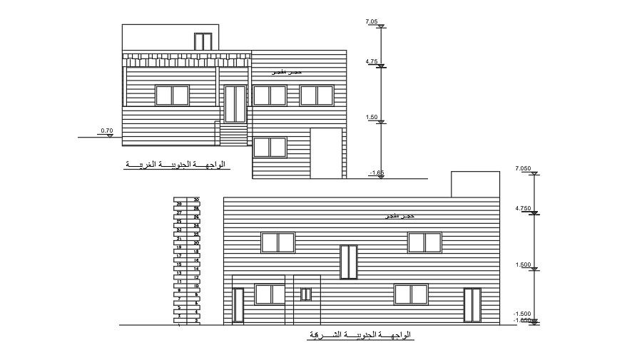 The front and left side elevation view of the 13x16m house building drawing