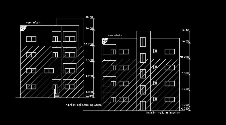 The front and right side elevation view of the 13x16m house building