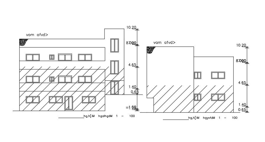 The front and right side elevation view of the 15x13m house building