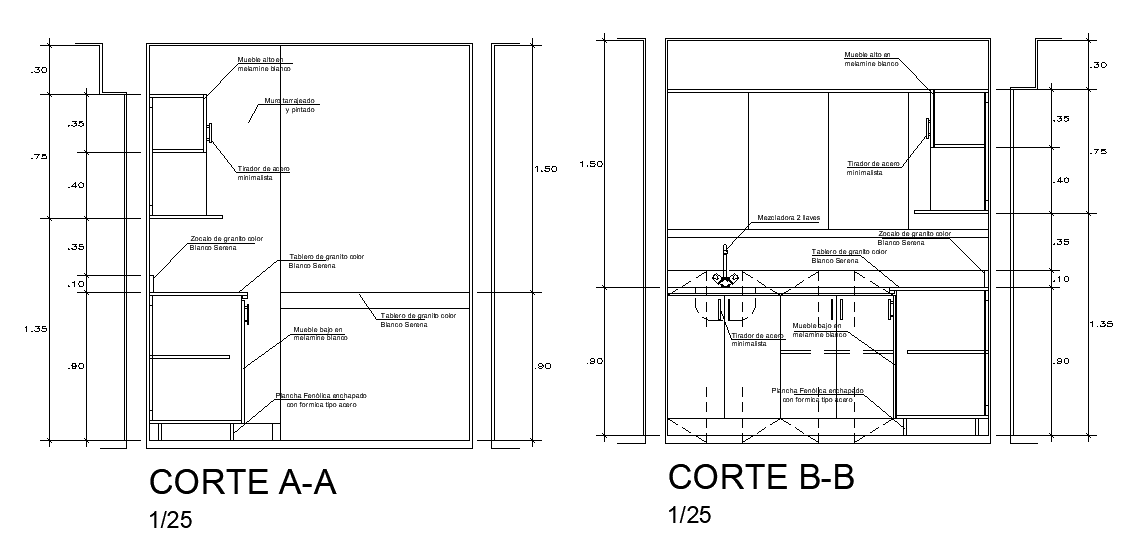 The front & back side section view of the 2X3m kitchen is given in this AutoCAD drawing model. Download now.
