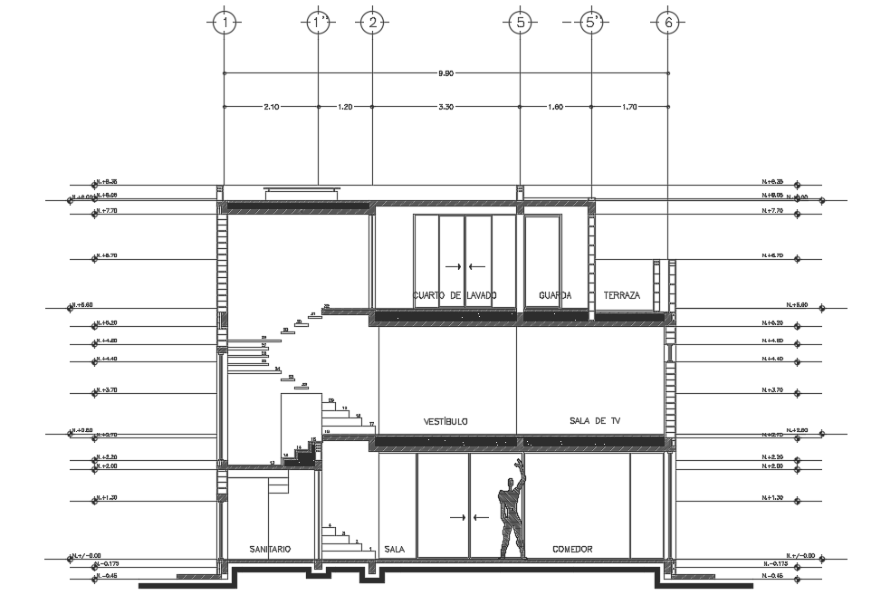 The front center cut section view of the 10x12m house building